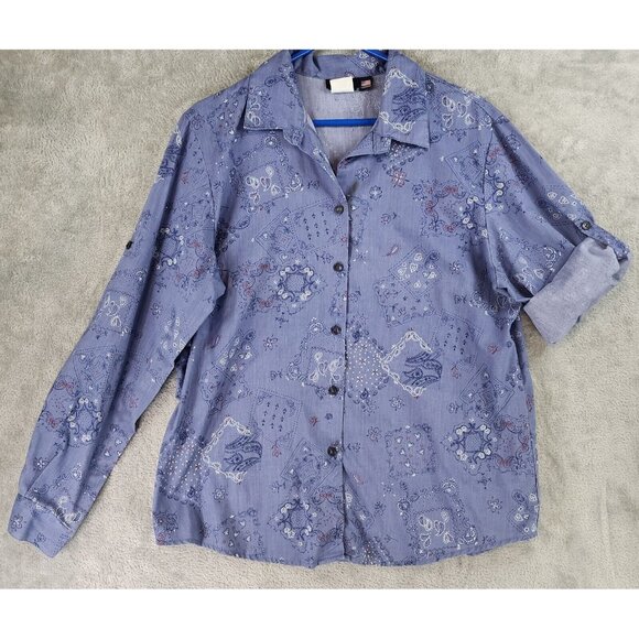 Tapestry Tops - Tapestry Shirt Womens Extra Large Blue Bandana Vintage Button Up Long Sleeve USA